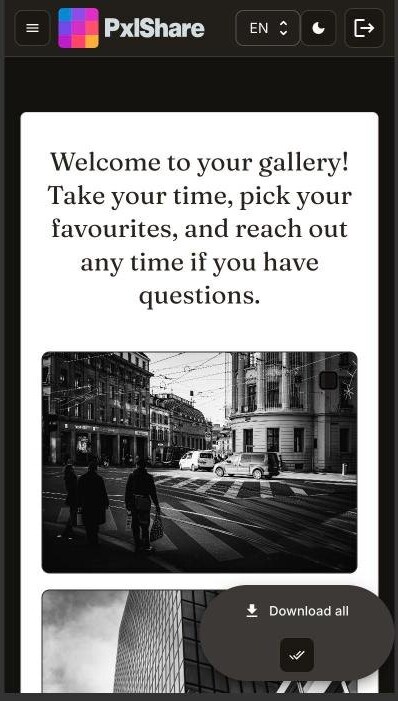 PxlShare client gallery on a phone